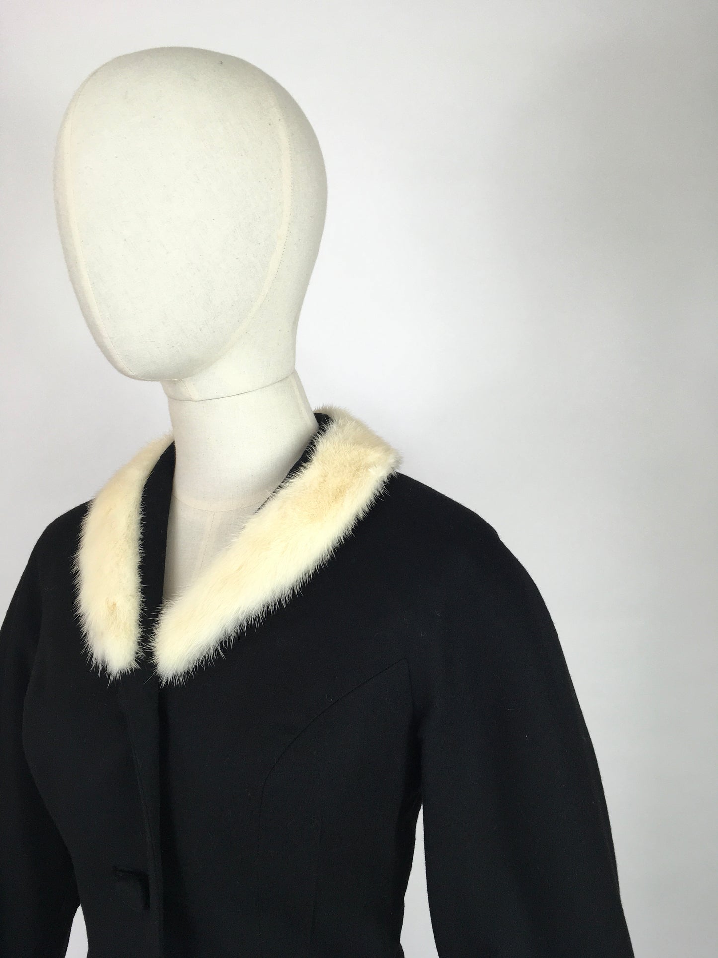 Original Early 1950s 2pc Suit with an Amazing Silhouette  - In a Lovely Black Wool with Contrast White Mink Fur Trim