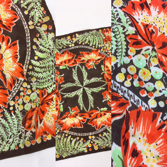 Original 1940's Rayon Hankie - In Autumnal Hues of Brown, Orange, Yellow & Green