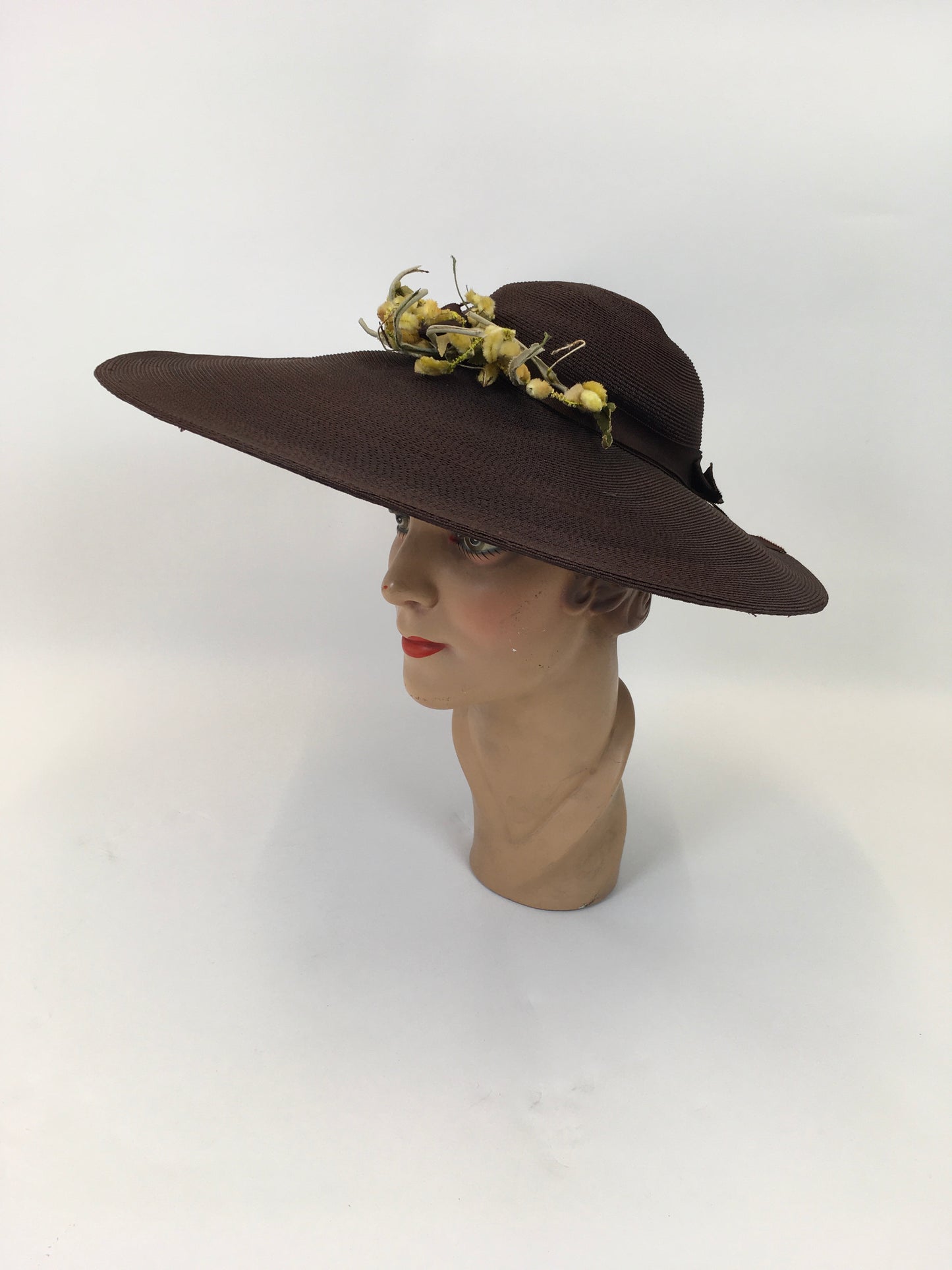 Original 1940’s SENSATIONAL Platter Hat - In Warm Brown Adorned With Velvet Mustard, Yellow & Chartreuse Buds and Flowers