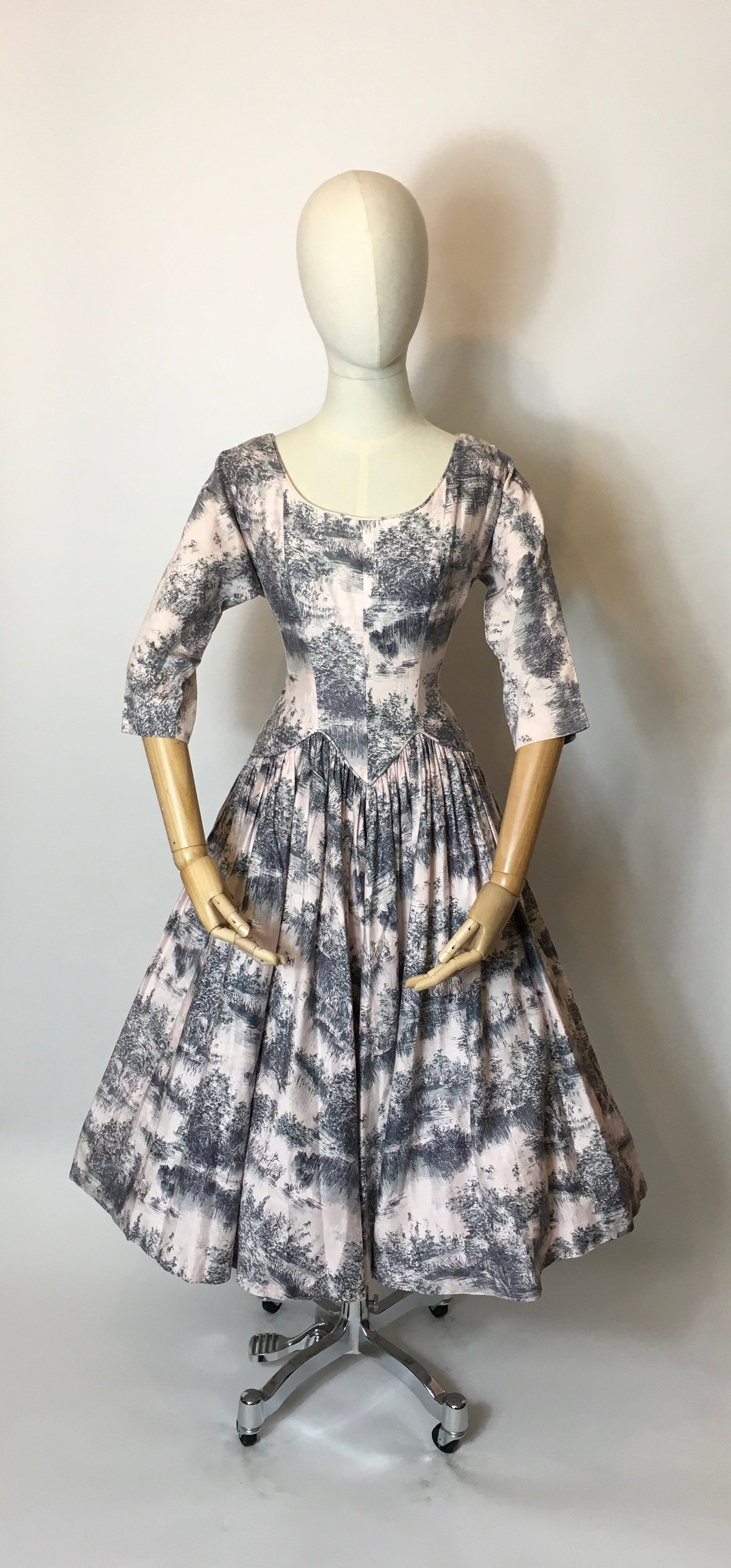Original 1950s Darling Dress - In the Most Delicate Powder Pink with Charcoal Stencil Overlay Print
