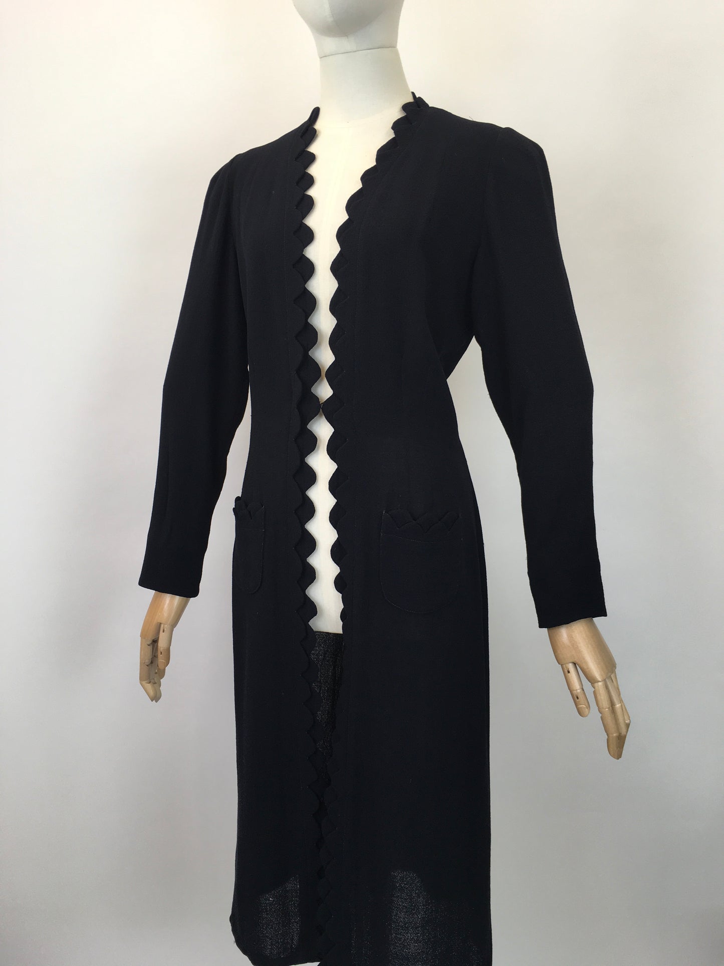 Original 1930's Exquisite Double Scalloped Edge to Edge Overcoat - In A Classic Navy Crepe