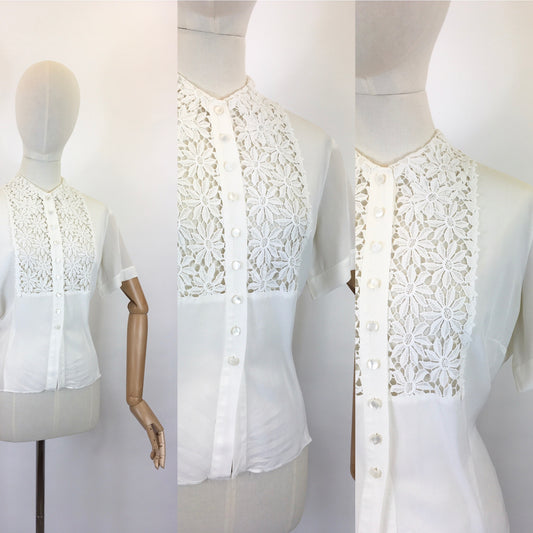 Original 1940’s ‘ Judy Bond’ White Blouse - With Stunning Floral Lace Detailing To The Bodice Panel