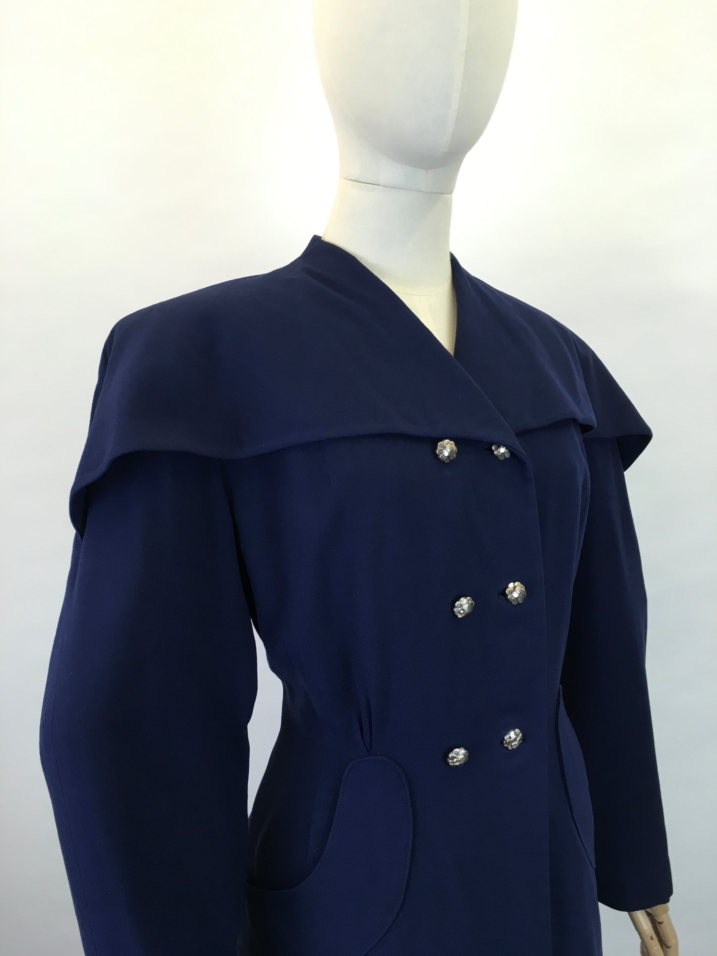 Original 1940s STUNNING Navy 2 pc Suit - With PHENOMENAL Long Line Silhouette and Cape Style Overlay