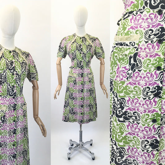 Original 1940's Stunning ' Polly Frocks Of California ' Dress - In A Vibrant Pallet Linen