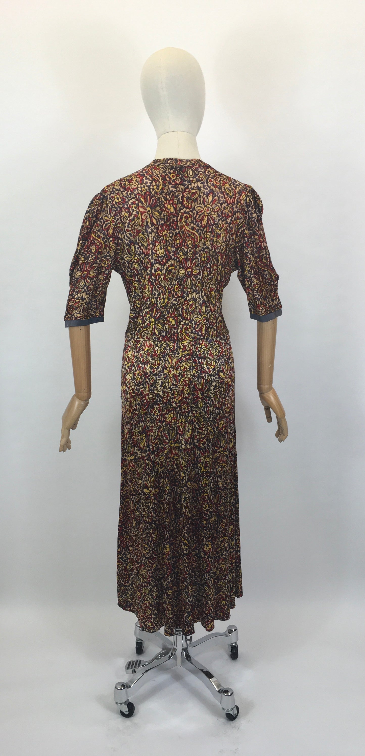 Original 1940’s STUNNING Rayon Jersey Dress AS IS - In Reds, Purples, Yellows & Navy