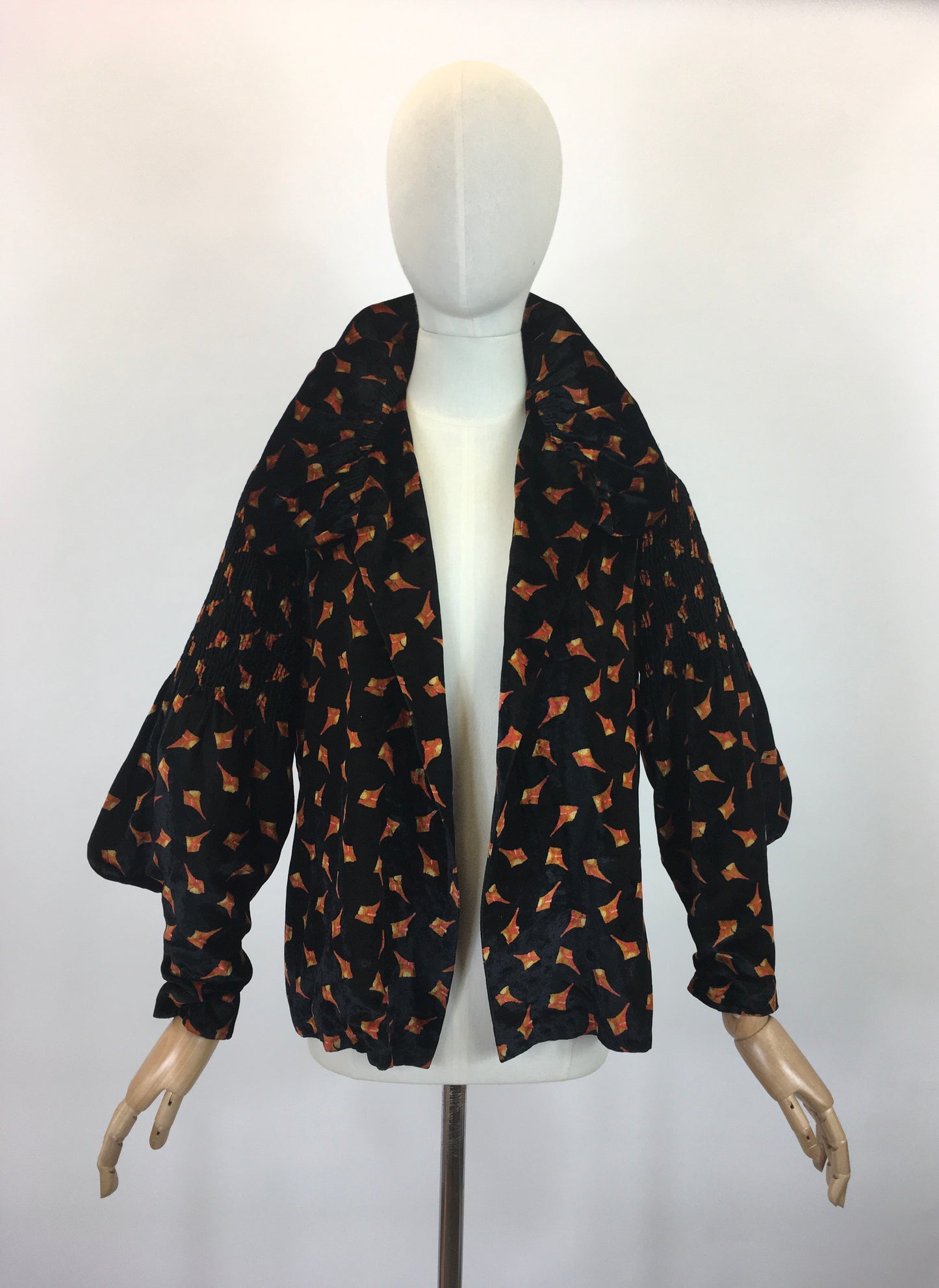 Original Late 1920's Early 1930's Stunning Silk Velvet Jacket - In An Art Deco Print in Burnt Orange And Old Gold