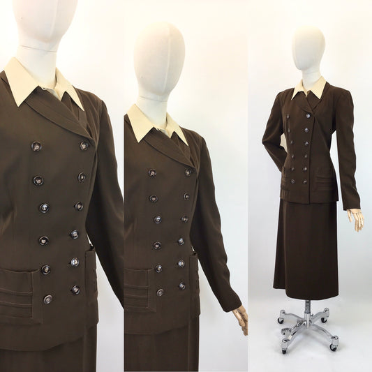 Original 1940's Sensational Chocolate Brown 2pc Suit - With Exquisite Detailing