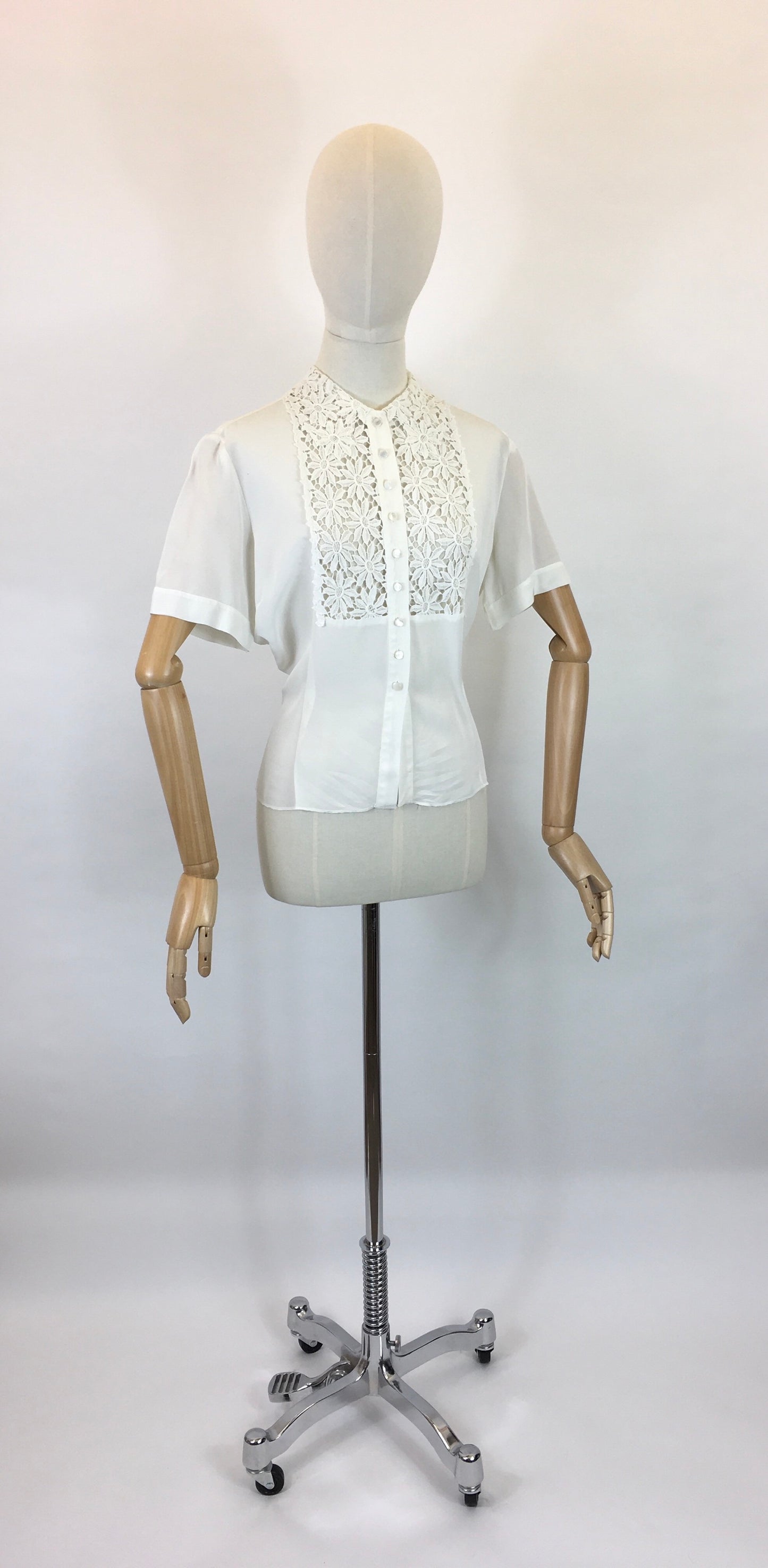 Original 1940’s ‘ Judy Bond’ White Blouse - With Stunning Floral Lace Detailing To The Bodice Panel