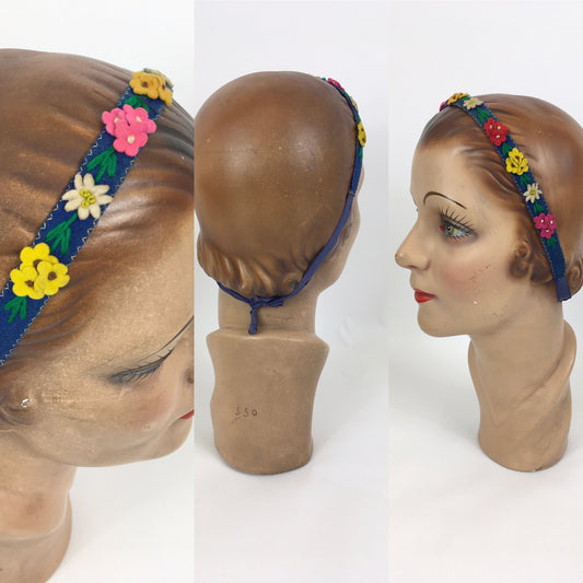 Original 1940’s Make Do and Mend Felt Headband - In Blue, Ivory, Yellow, Brown & Pink