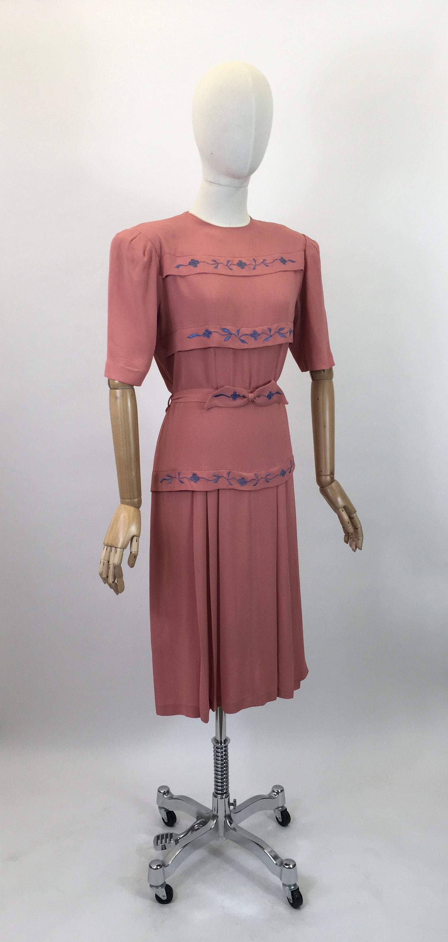 Original 1940's Stunning Blush Crepe Dress with Embroidered Details in Forget Me Not Blue - ' A Frederick Gown Label'