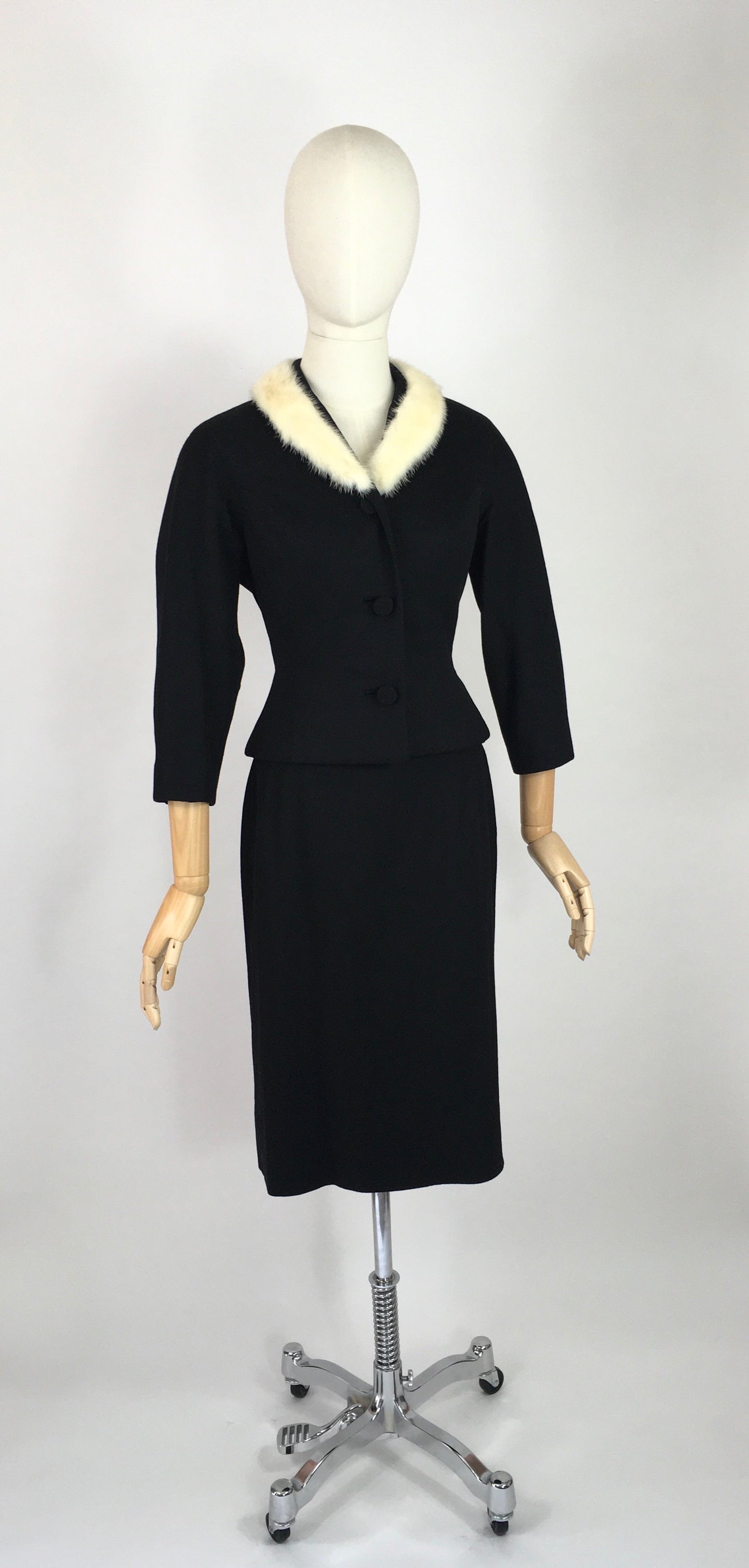 Original Early 1950s 2pc Suit with an Amazing Silhouette  - In a Lovely Black Wool with Contrast White Mink Fur Trim