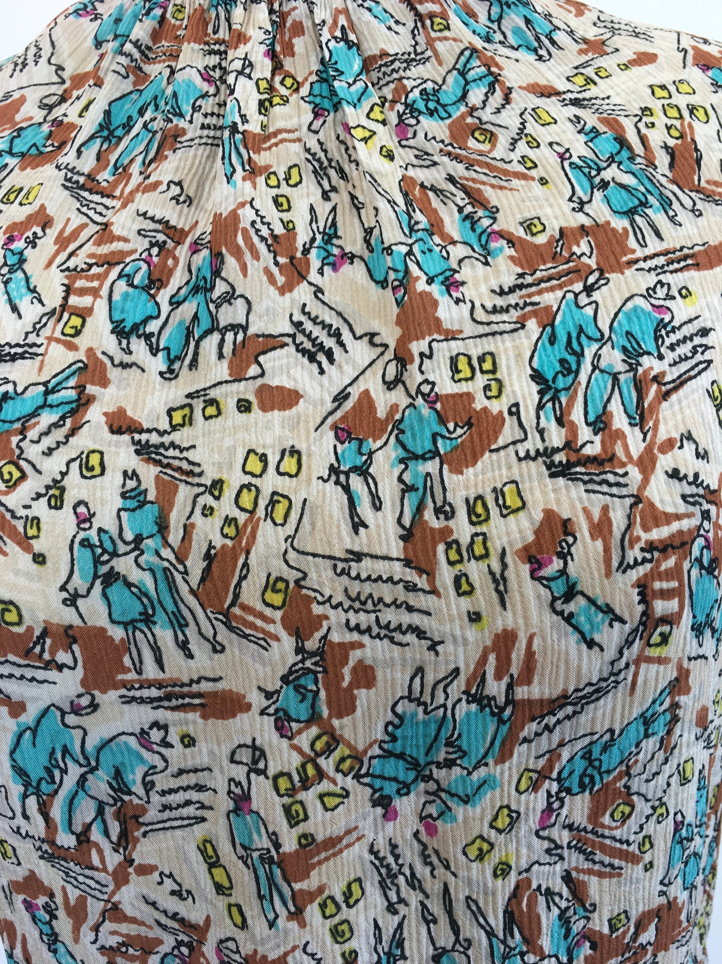 Original 1940’s ‘ Maxton’ Novelty Print Crepe Blouse - Featuring People, Buildings and Scribbles