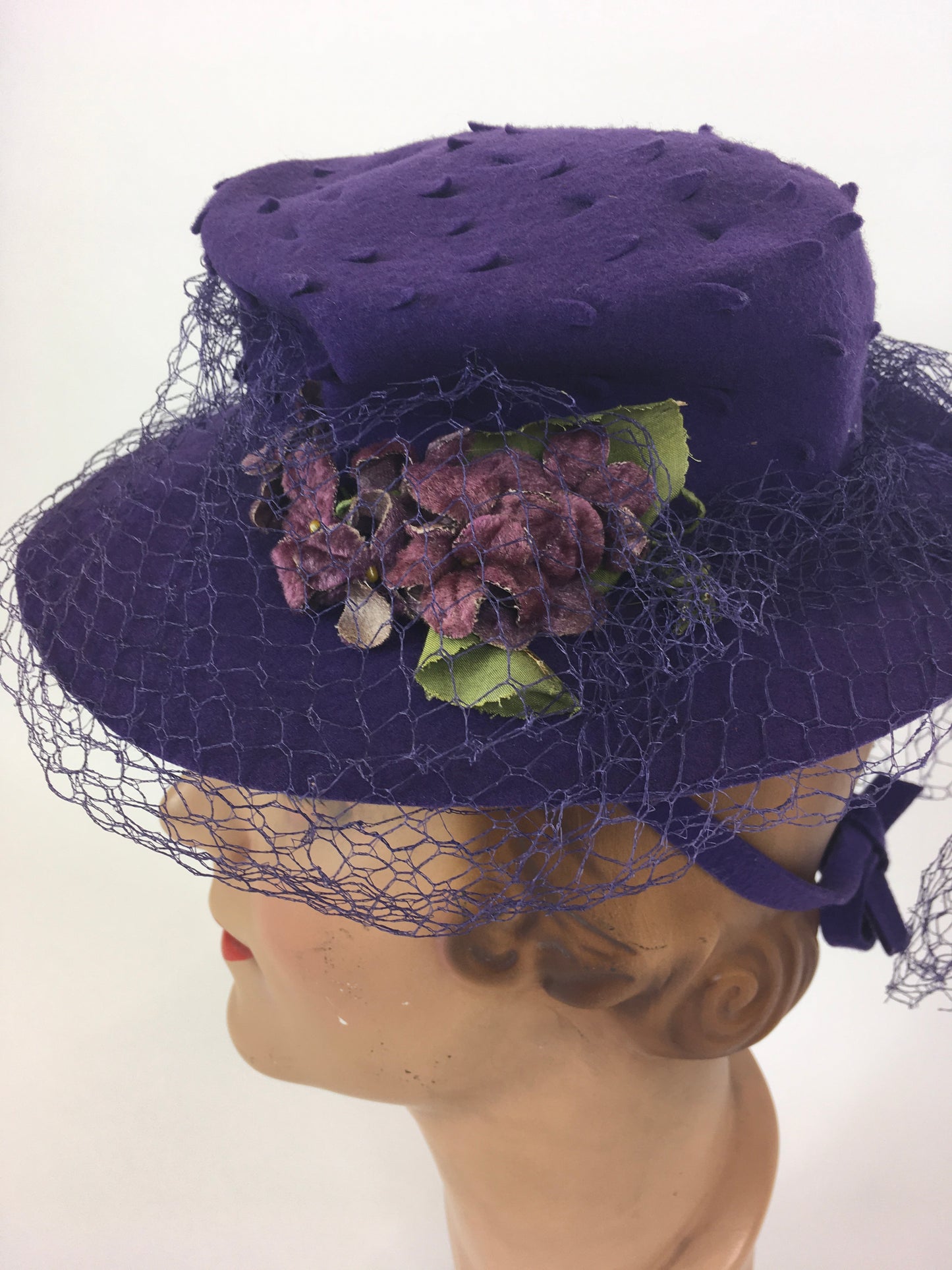 Original 1940’s SENSATIONAL Cadbury Purple Felt Topper Hat - With Cutwork Detailing, Millinery Flowers and Veiling