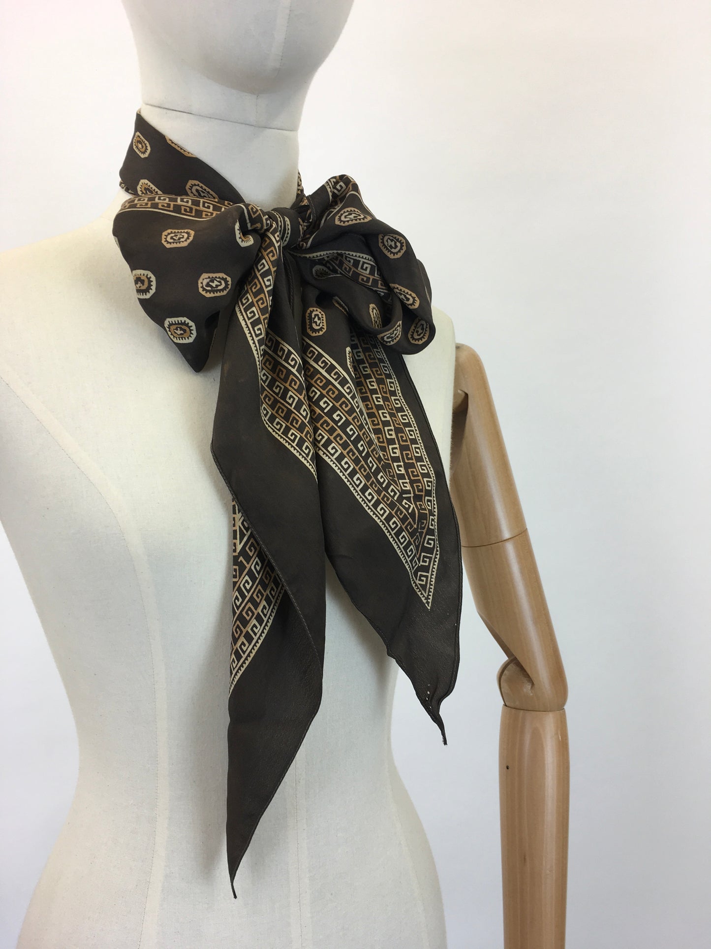 Original 1930's Art Deco Pointed Scarf in Silk - In A Paisly Print Warm Browns and Golds