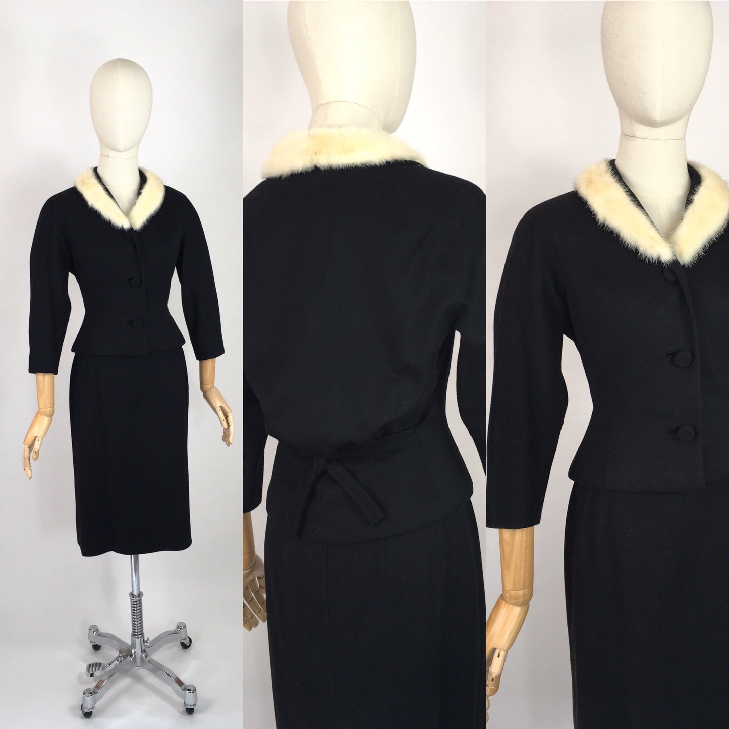 Original Early 1950s 2pc Suit with an Amazing Silhouette  - In a Lovely Black Wool with Contrast White Mink Fur Trim