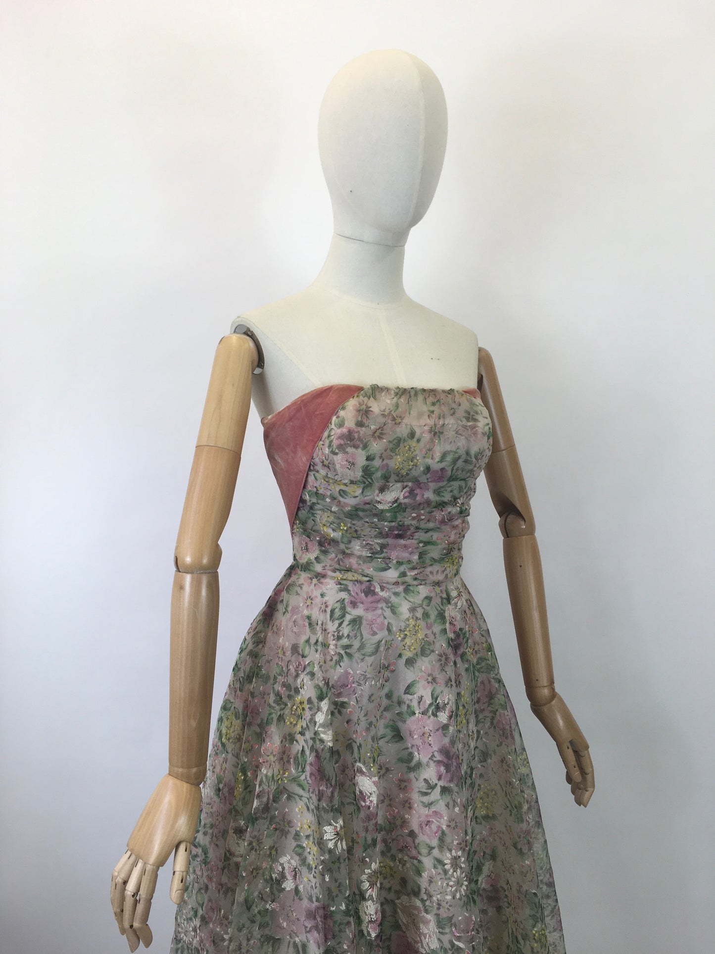 Original 1950's SENSATIONAL Floral Dress - By ' Sambo Fashions' with Boning and Velvet Trim