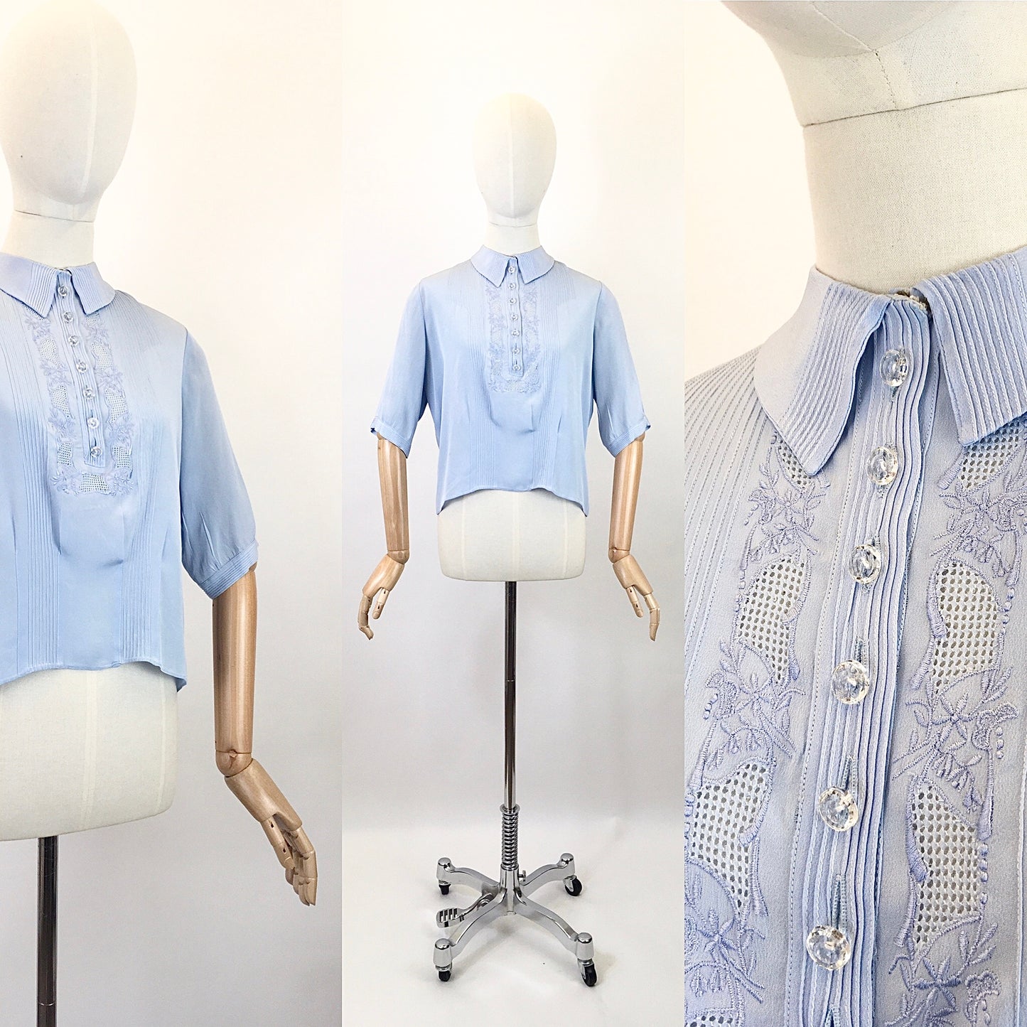 Original 1940’s Darling Sheer Blouse in Powder Blue - With Embroidery and Pintuck Details