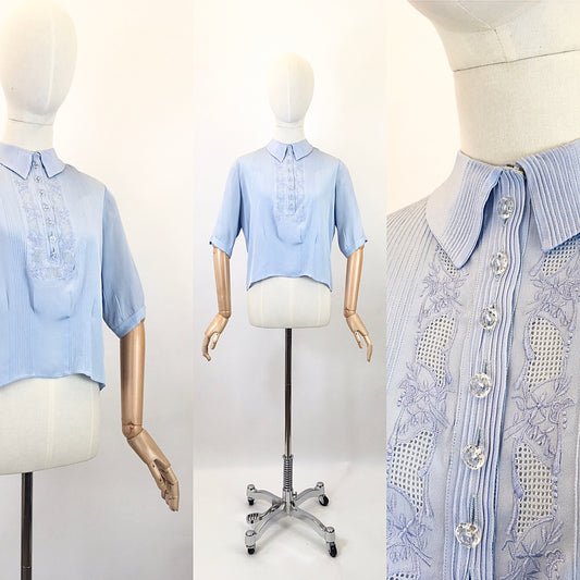 Original 1940’s Darling Sheer Blouse in Powder Blue - With Embroidery and Pintuck Details