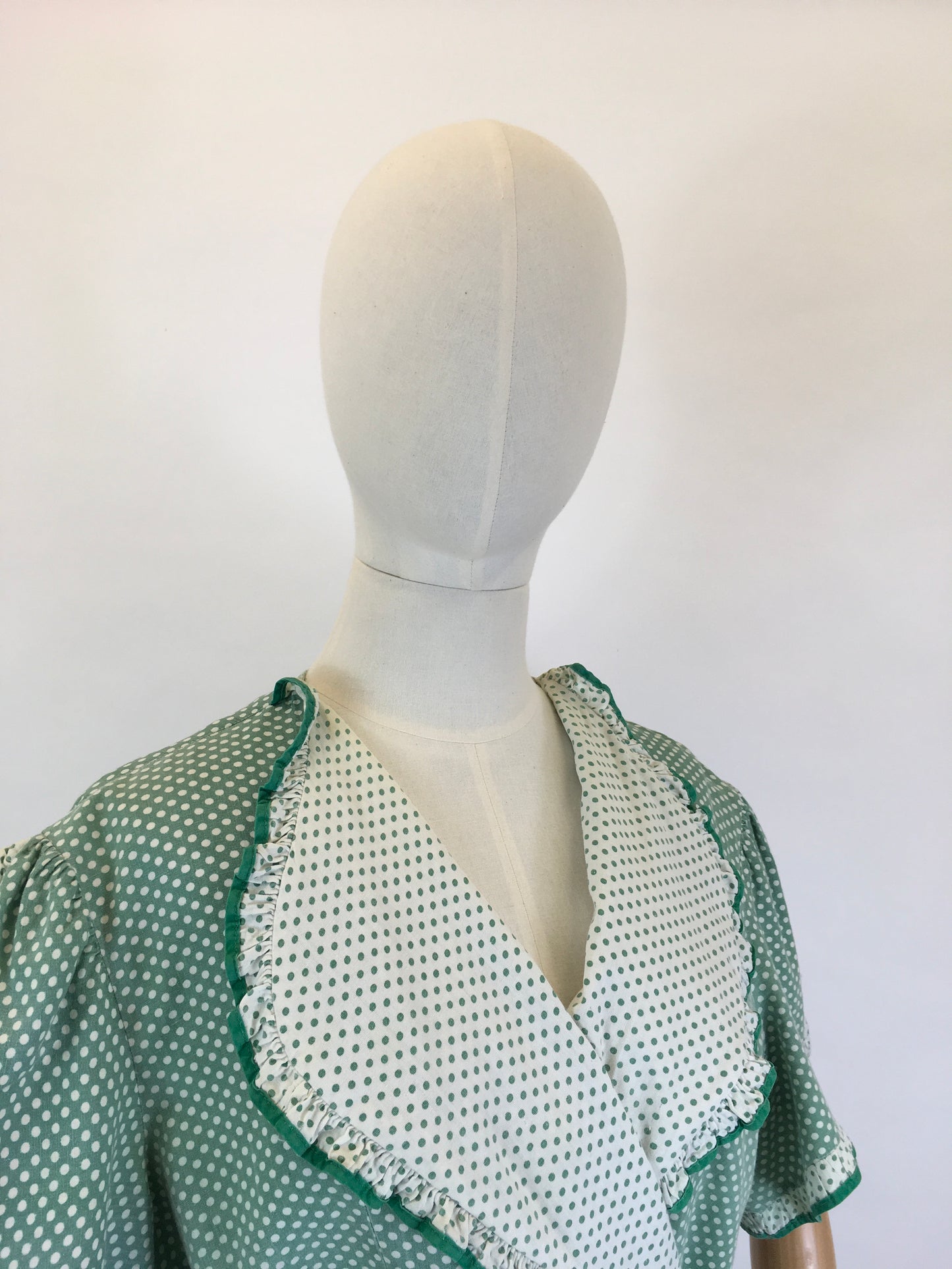 Original 1940’s SENSATIONAL Wrap House Dress - In A Fabulous Green & White Polka Dot