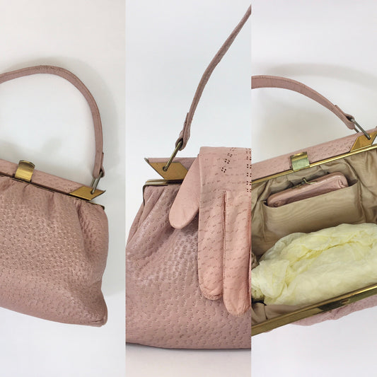 Original 1950’s Ostrich Leather Handbag and Gloves - In a Beautiful Powder Pink