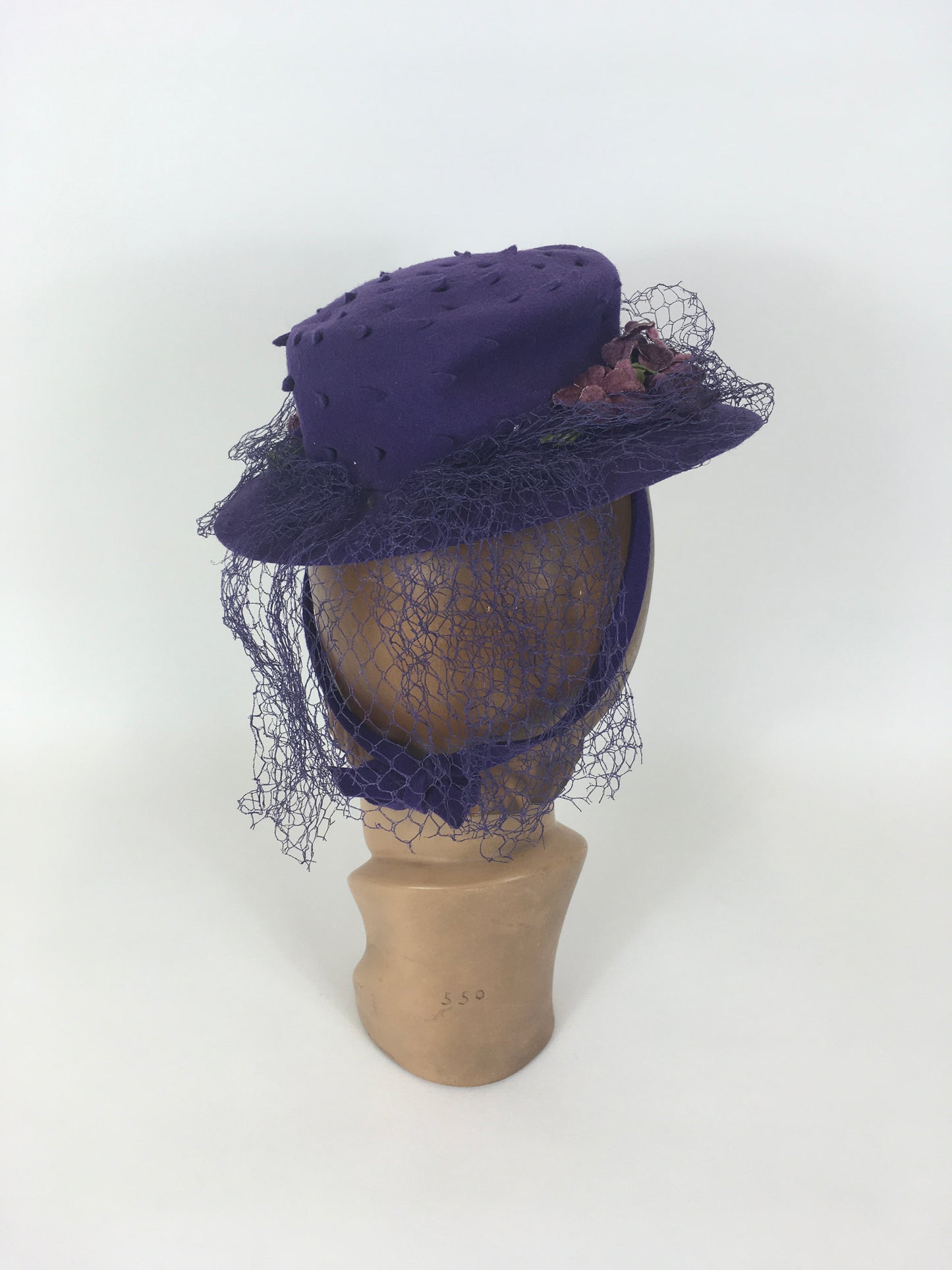 Original 1940’s SENSATIONAL Cadbury Purple Felt Topper Hat - With Cutwork Detailing, Millinery Flowers and Veiling