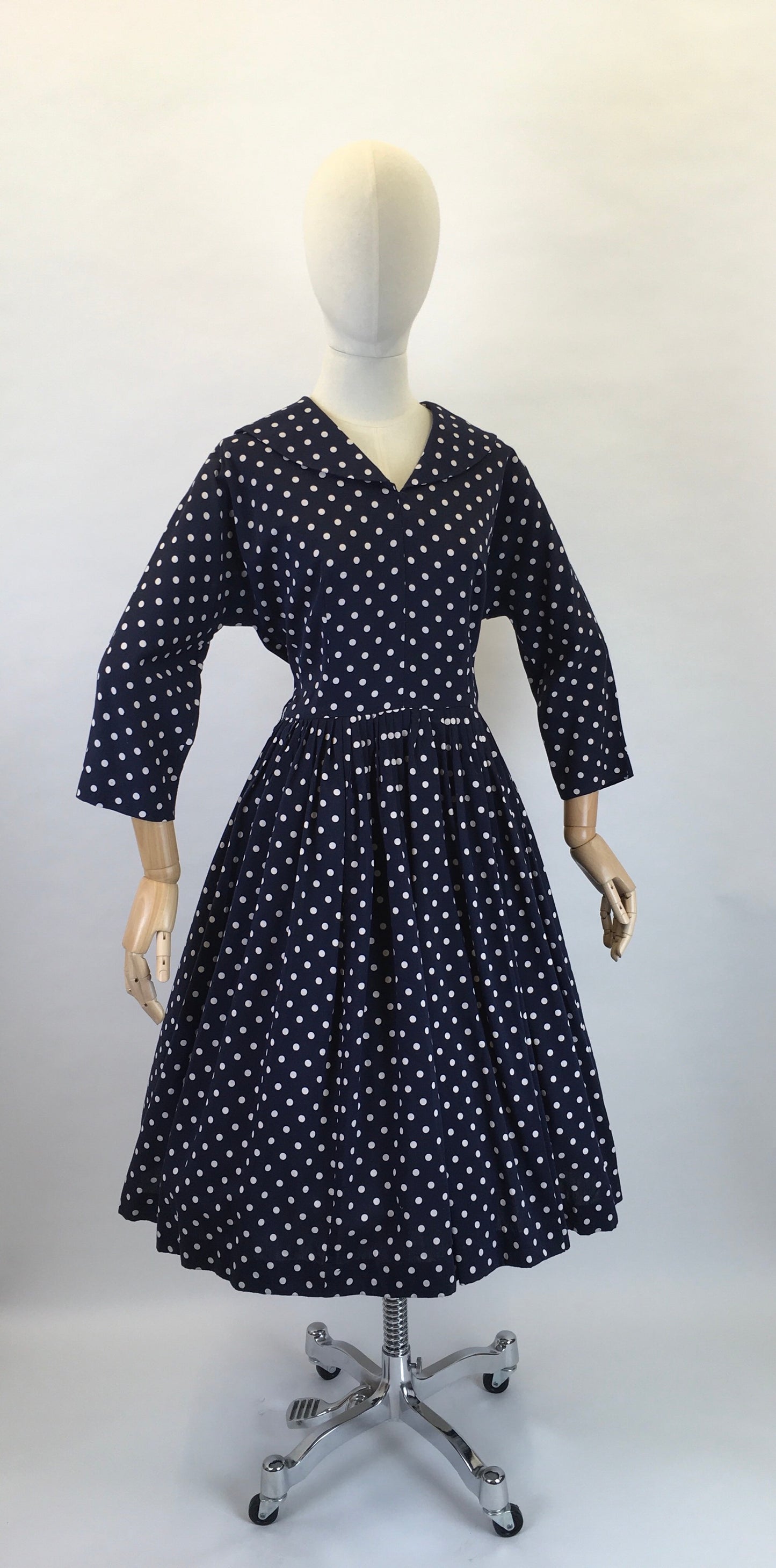 Original 1950s Lightweight Cotton Day Dress - In a Fabulous Deep Navy Polka Dot