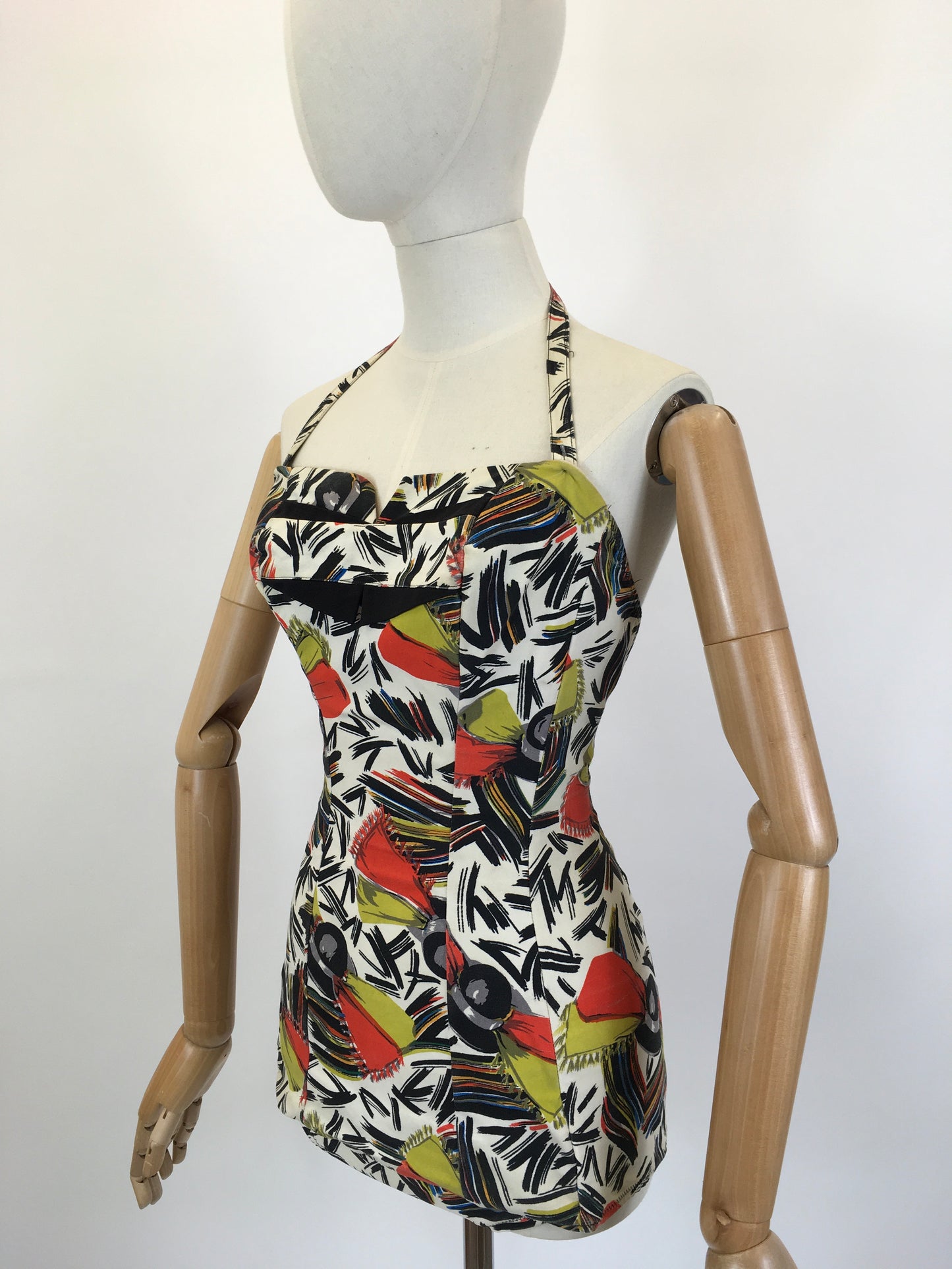 Original 1940’s Bathing Costume in A Fabulous Print - In Painted Black, Chartruese, Orange, White and Teal