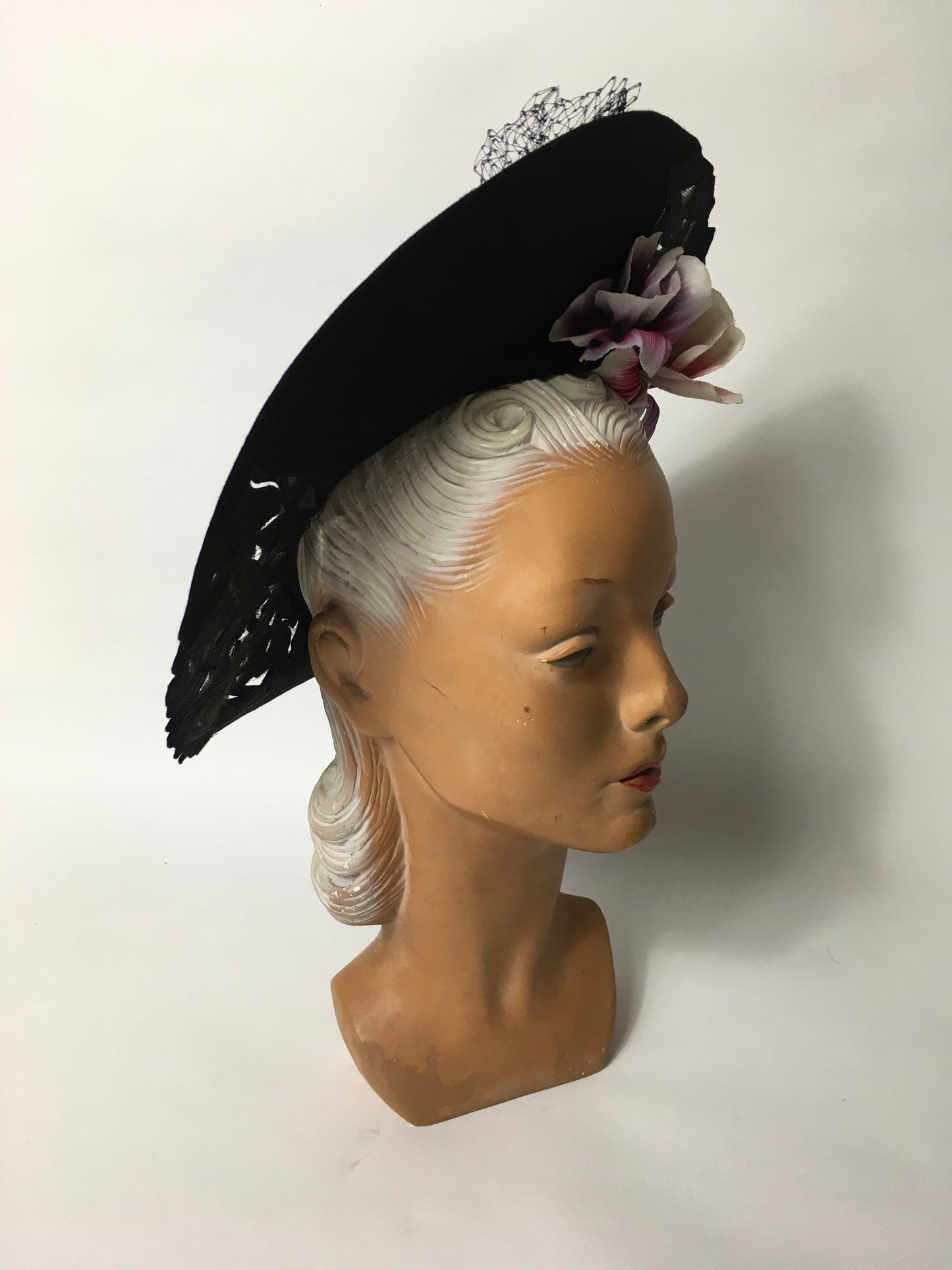 Original 1940’s Black Halo Hat - Illusion cutwork detailing and Floral Adornment