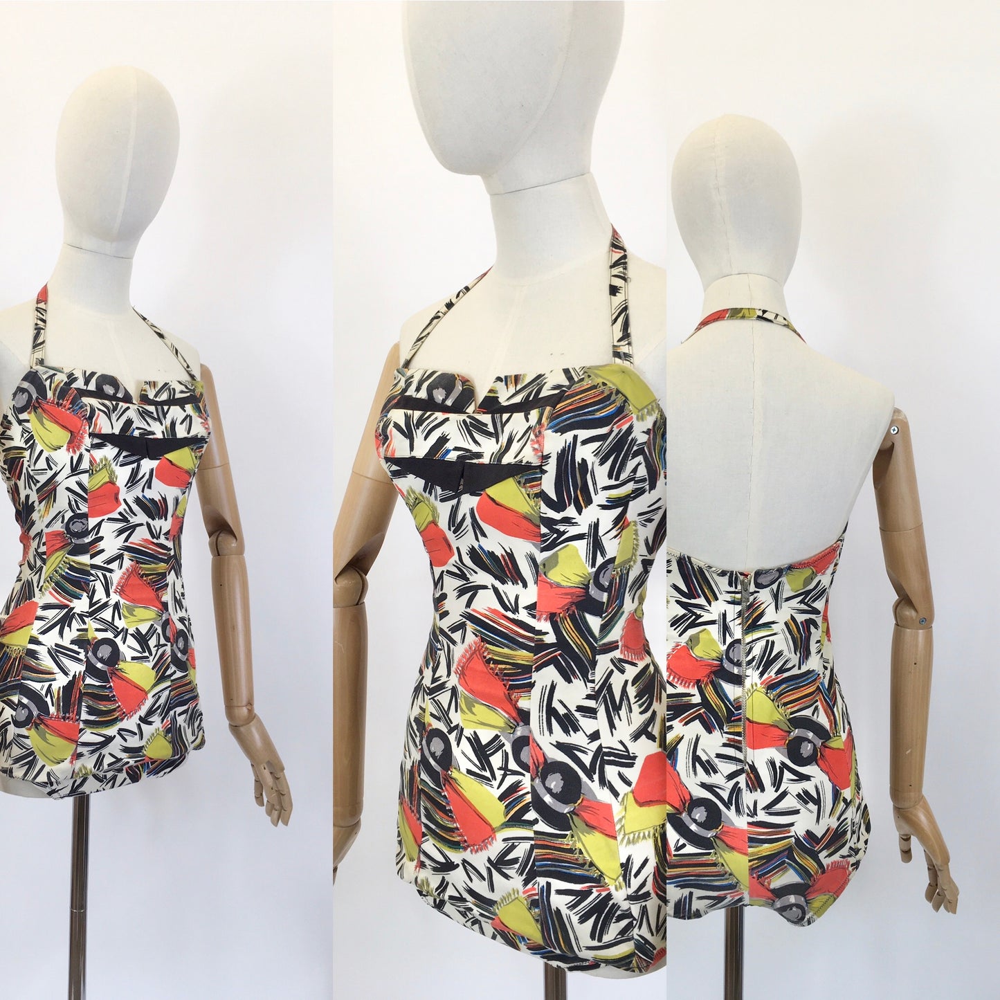 Original 1940’s Bathing Costume in A Fabulous Print - In Painted Black, Chartruese, Orange, White and Teal