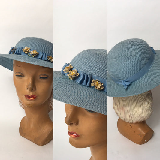 RESERVED FOR B - DO NOT BUY - Original Late 1930’s Cornflower Blue Hat with Original Cream Flowers - Festival of Vintage Fashion Show Exclusive