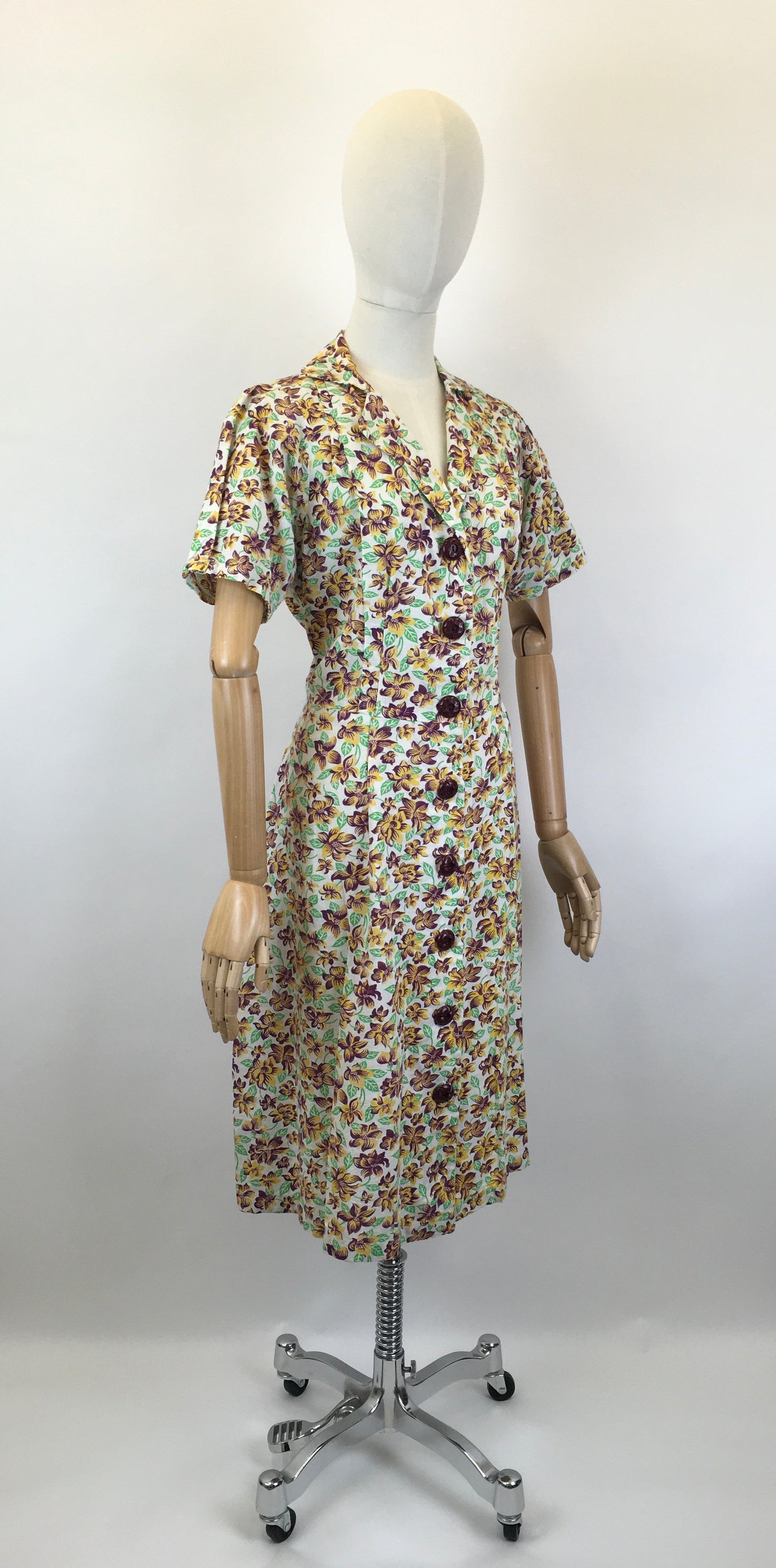 Original Late 1930’s Floral Print Button Down Front Dress - In Yellows, Maroons and Greens on Ivory