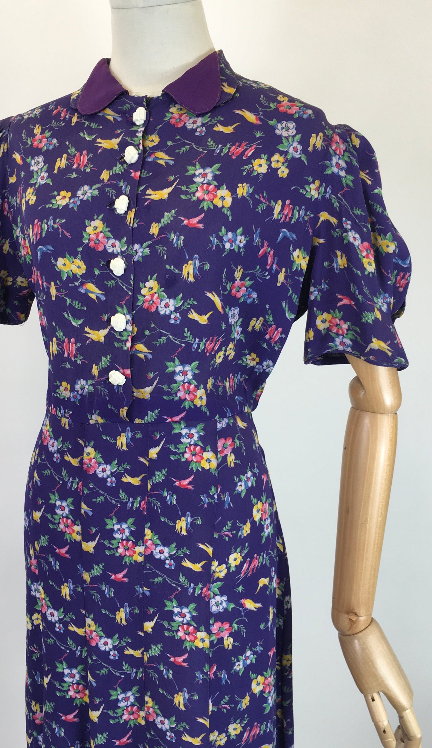 Original 1940s AS IS Novelty Print Crepe Dress - With Birds And Flowers in Rainbow colours