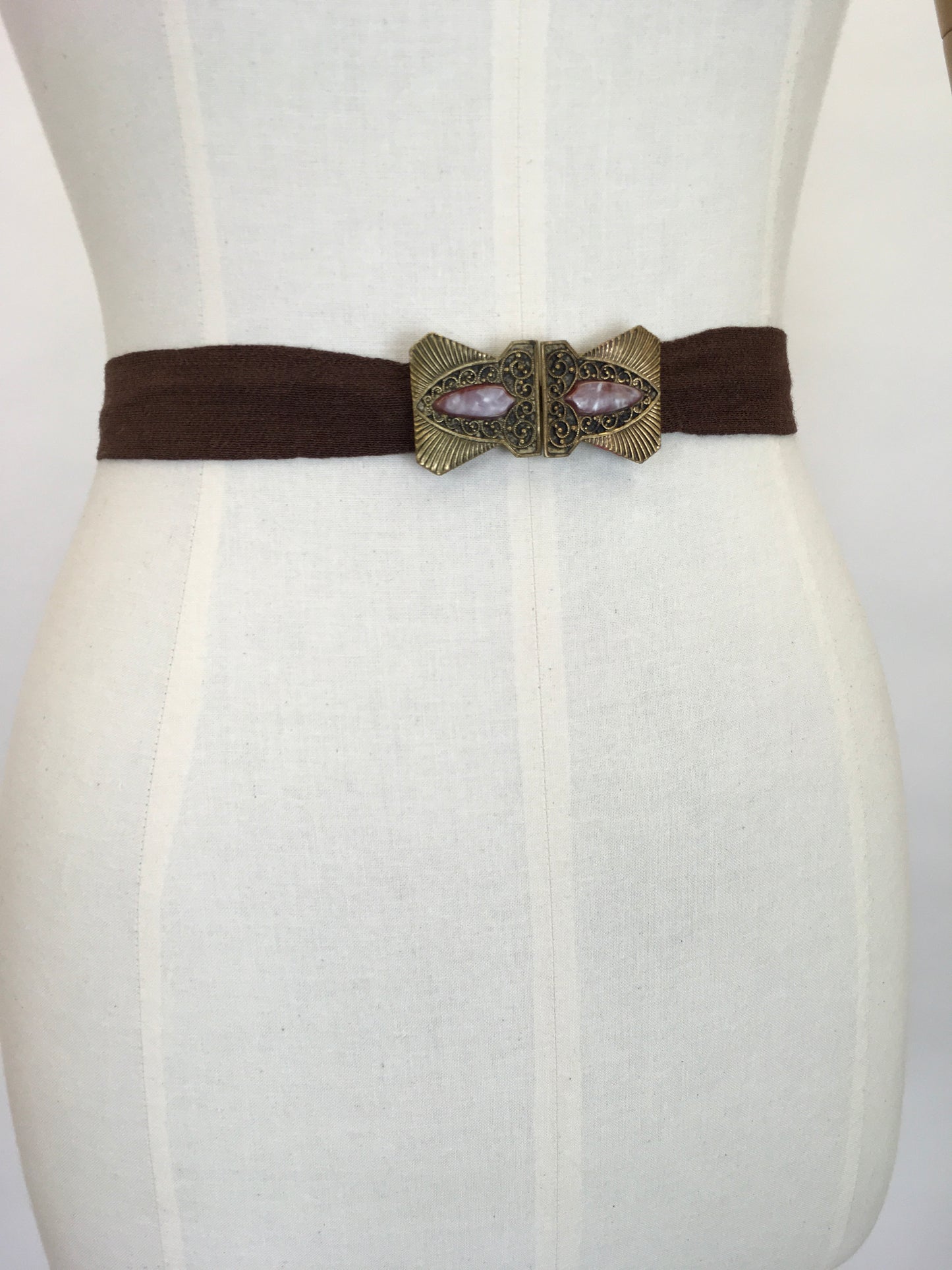 Original 1930s Deco Belt - With Deco Metal Buckle and Warm Brown Crepe Banding