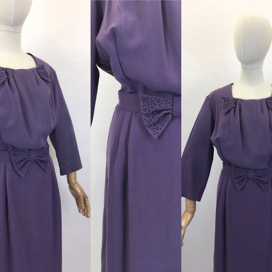 Original 1940’s Cadbury’s Purple Wool Dress - With Beaded Embellishment Details