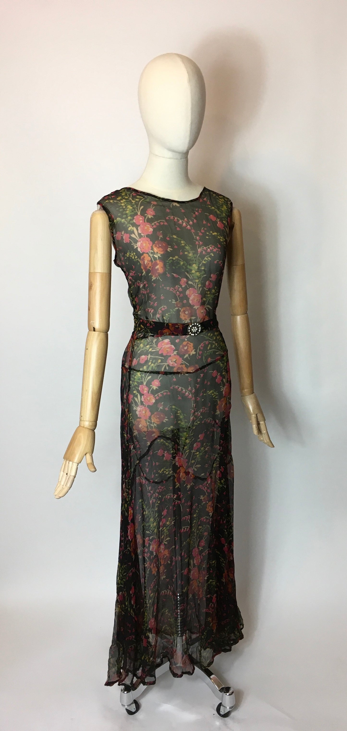 Original 1930’s Floral Chiffon Bias Cut Evening Gown - Festival of Vintage Fashion Show Exclusive