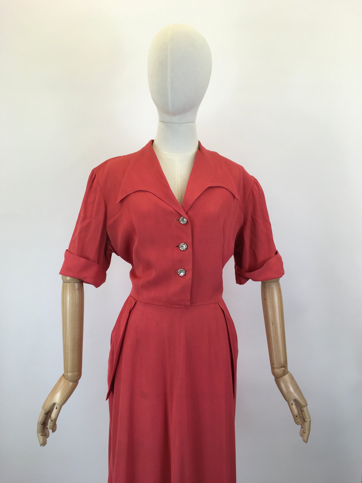 Original 1940’s Gaberdine Day Dress - In A Bright Lipstick Coral Colour