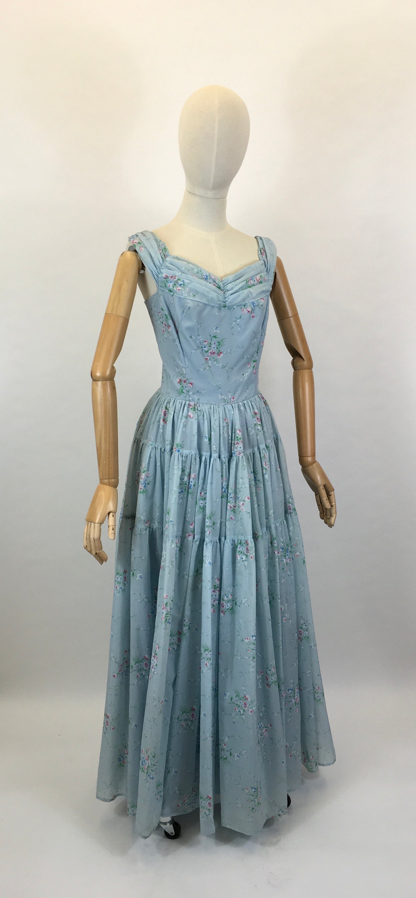 Original 1950’s Darling Full Length Prom Dress - In A Lovely Powder Blue Floral Tulle.