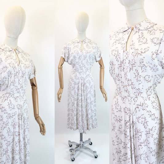 Original 1940’s Darling Cotton Day Dress - In White, Brown & Taupe Florals