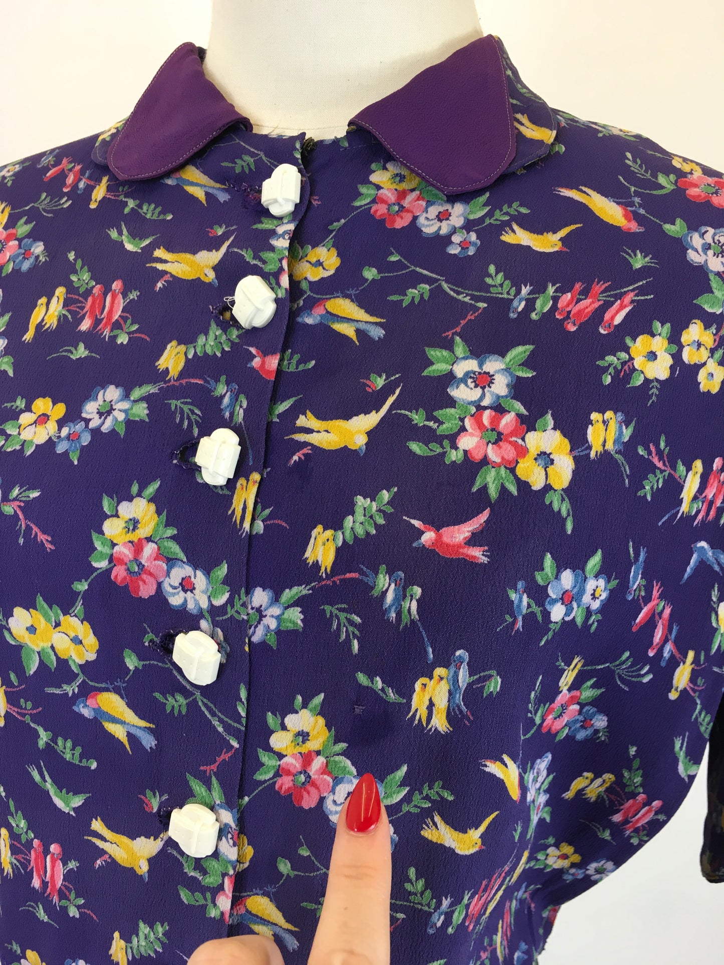 Original 1940s AS IS Novelty Print Crepe Dress - With Birds And Flowers in Rainbow colours