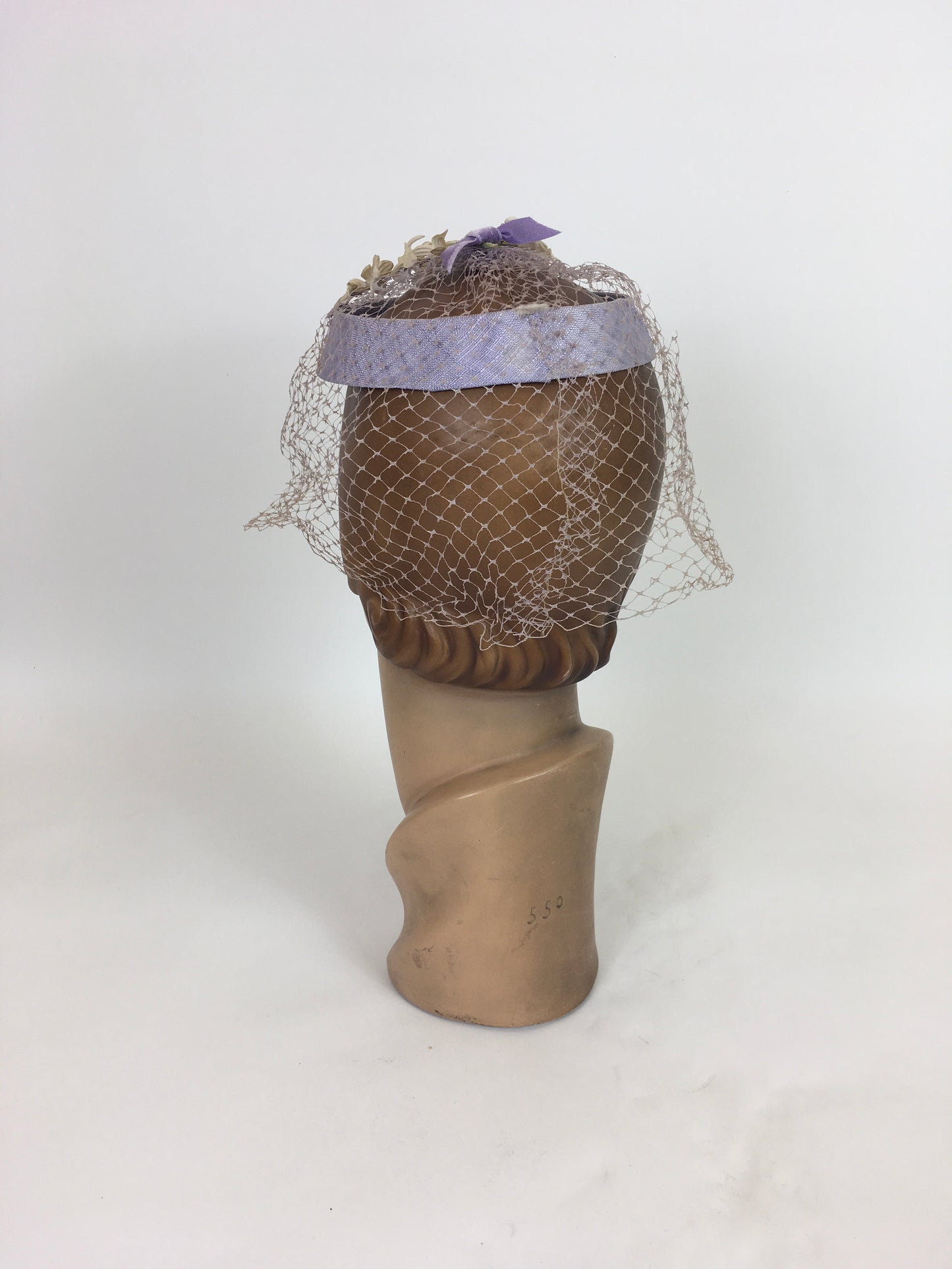 Original 1950’s Soft Lilac Headpiece - With Delicate Ivory Floral Millinery and Powdered Veiling