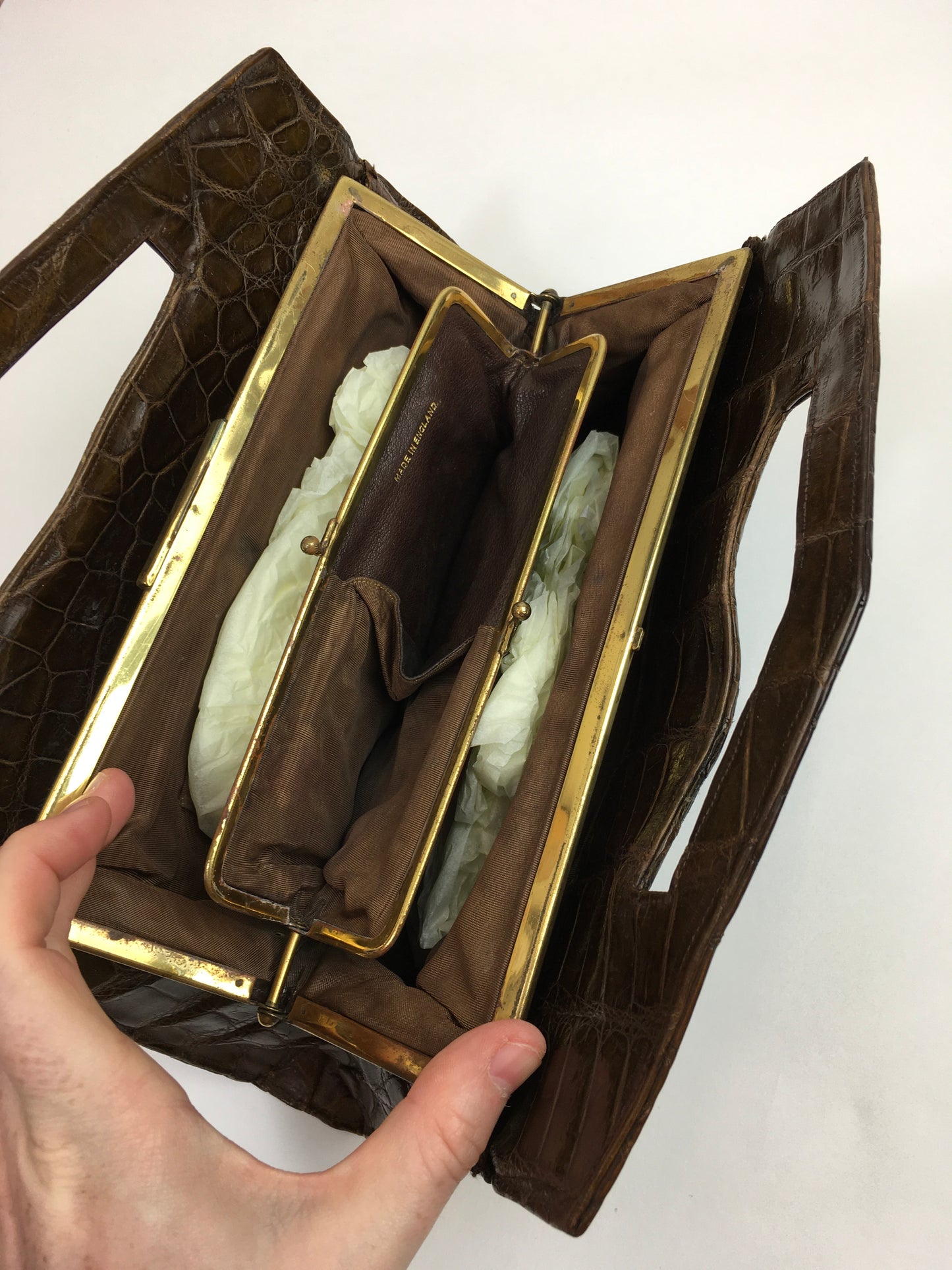 Original Late 1930’s early 1940’s Crocodile Skin Handbag - In A Lovely Warm Brown
