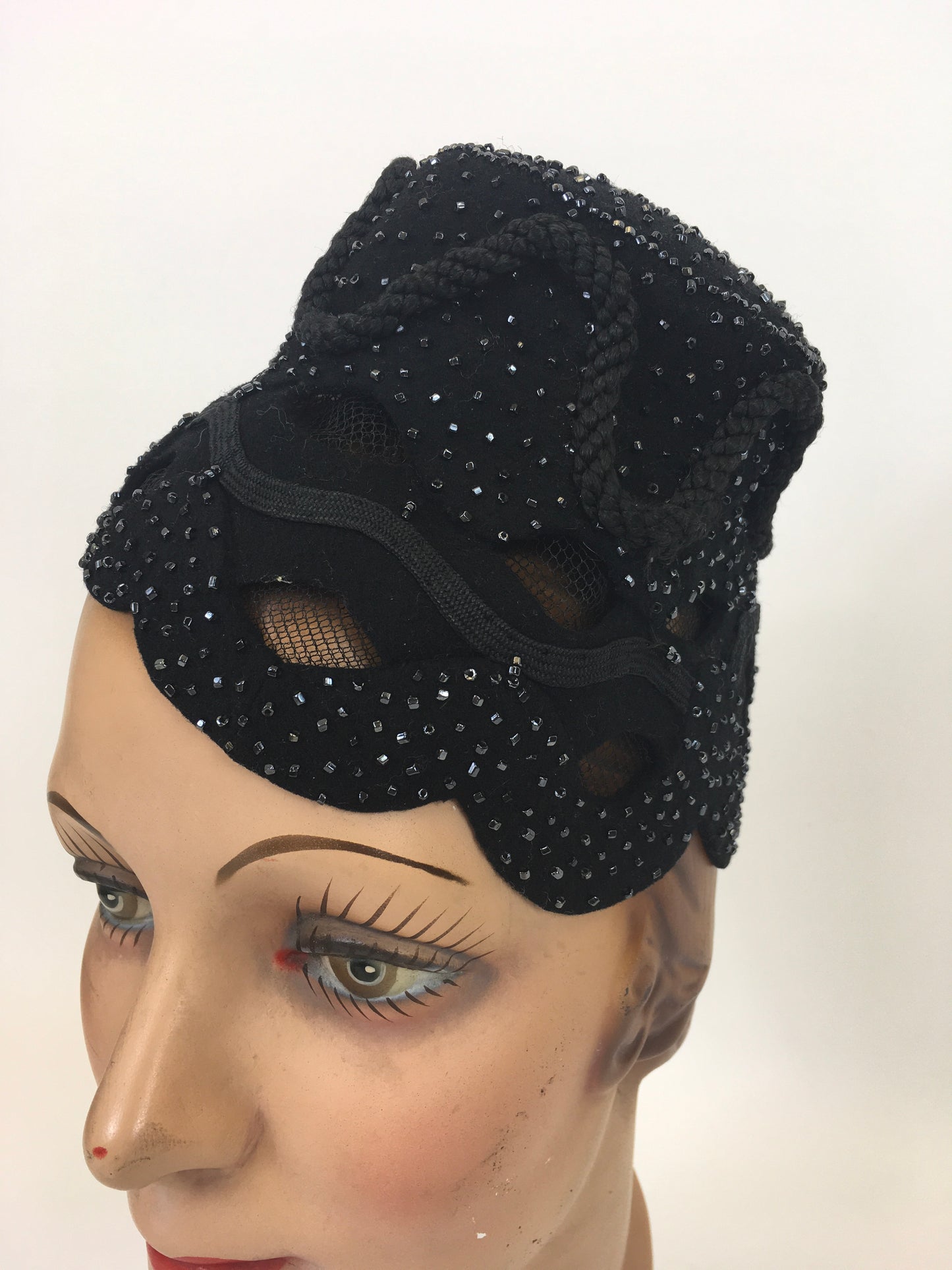 Original 1950's Fabulous Black Tilt hat - With Bugle Bead, Ric Rac and Netting Embellishment