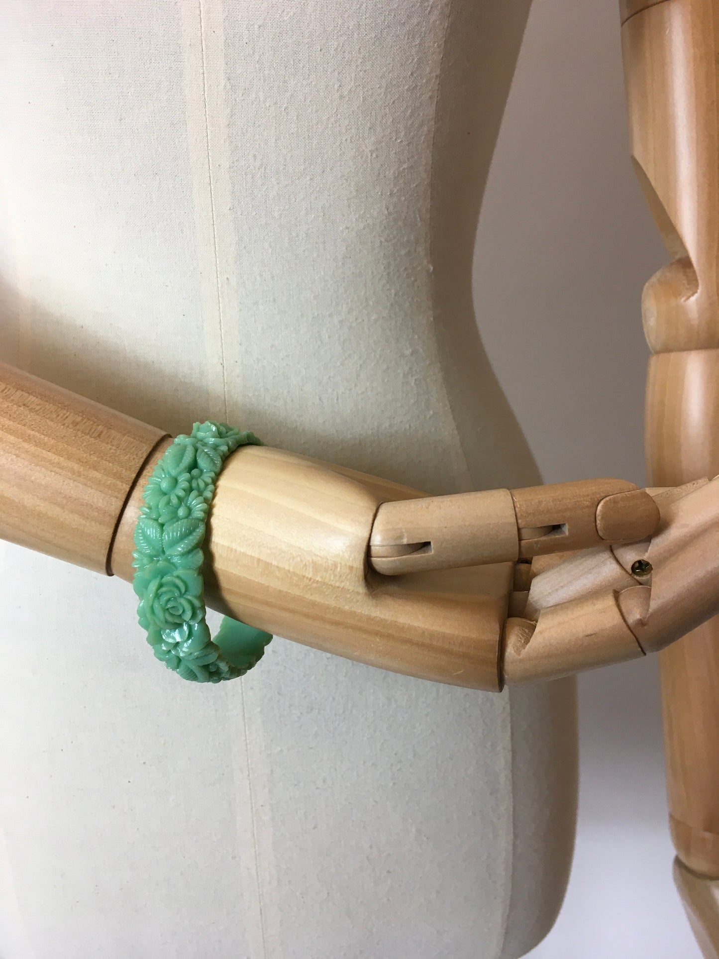 Original 1930’s Floral Carved Celluloid Bangle in Mint Green - Festival of Vintage Fashion Show Exclusive