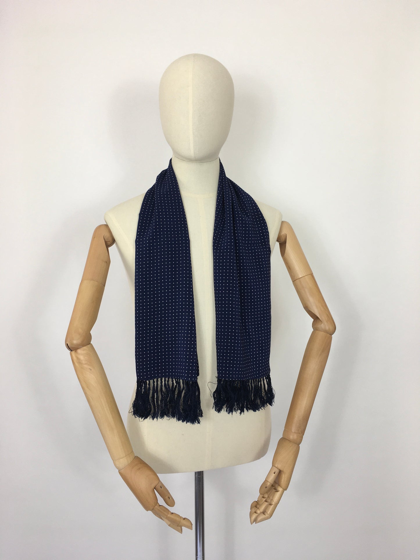 Original 1940’s Mens Scarf By ‘ Tootal ‘ - Lovely Navy and White Polka Dot Silk