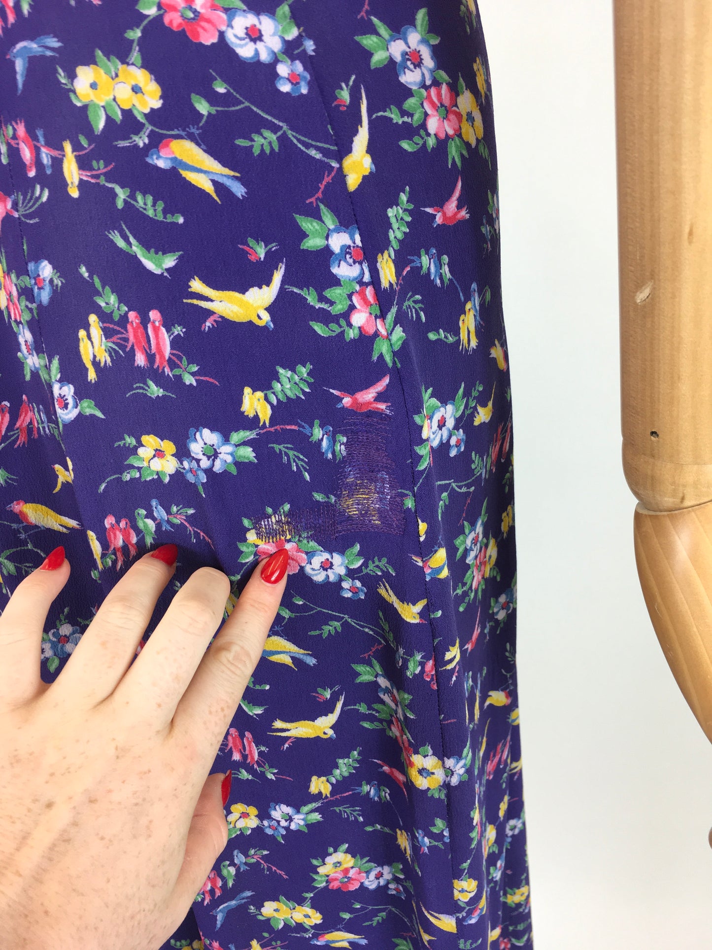 Original 1940s AS IS Novelty Print Crepe Dress - With Birds And Flowers in Rainbow colours