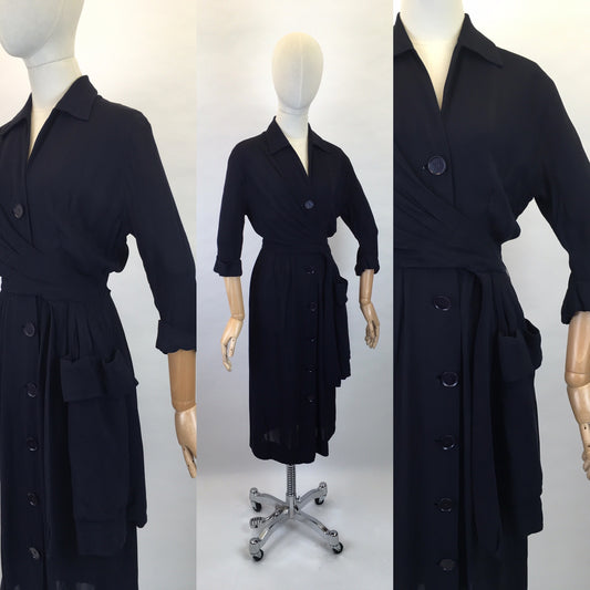 Original 1940s Stunning ‘ Herbert Stonheim ‘ Couture Dress - In a Navy Sheer Rayon with Wrap Hip Swag and Pocket