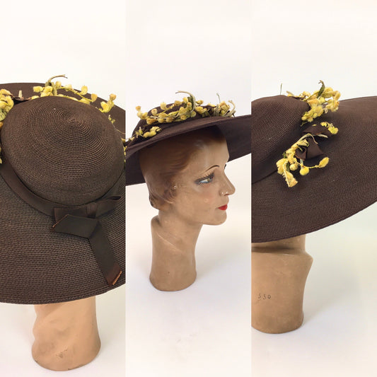 Original 1940’s SENSATIONAL Platter Hat - In Warm Brown Adorned With Velvet Mustard, Yellow & Chartreuse Buds and Flowers