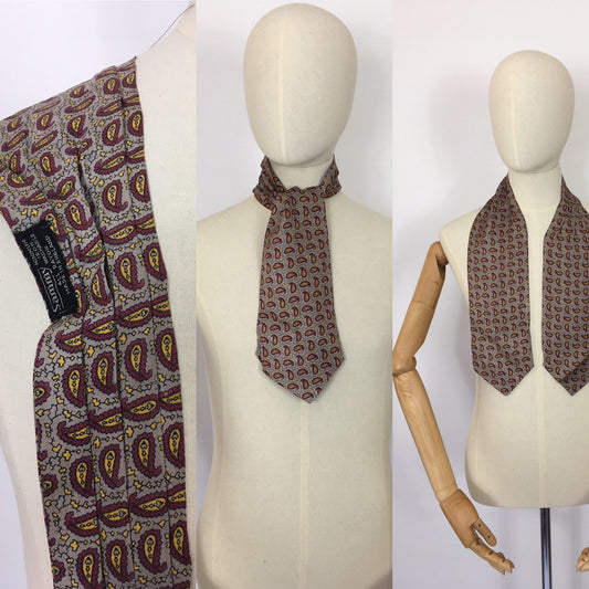 Original 1940’s Mens ‘ Sammy ‘ Silk Cravat - In a Lovely Bright Yellow and Burgundy Paisley