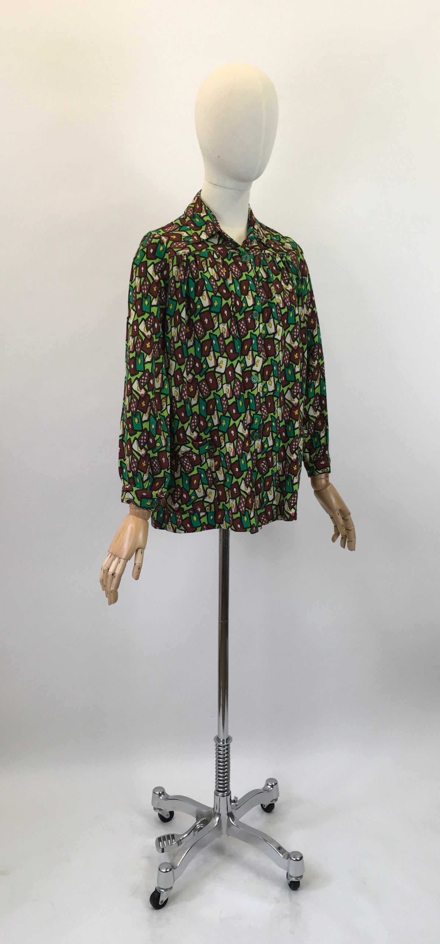 Original 1940's Fabulous Novelty Print ' Playing Cards' Smock - In Chartreuse, Emerald Green, Yellow & Brown