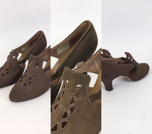 Original 1940's Stunning Brown Crepe Shoes by ' Clarks' - Exquisite Fretwork Detailing to the Front